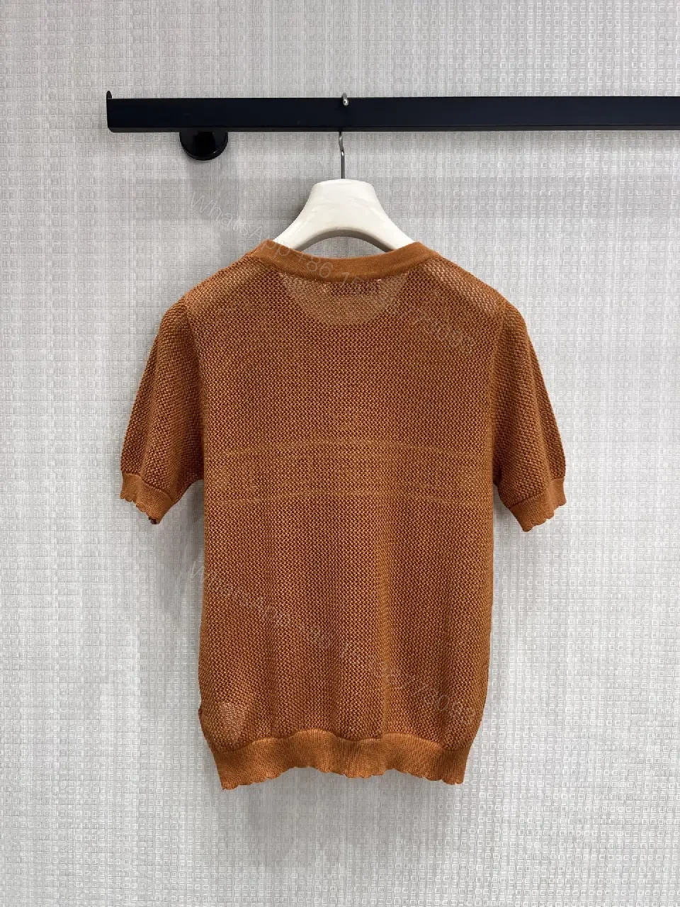 View 9 of Warm Brown Knit Top with White CH RISTIAN DIOR Band, Star, Open Weave Short Sleeve