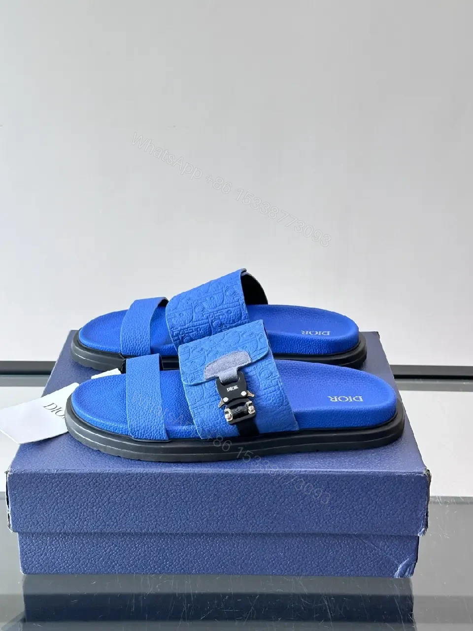 View 3 of Blue Embossed Slide Sandals with Buckle - Dior Inspired Sm?