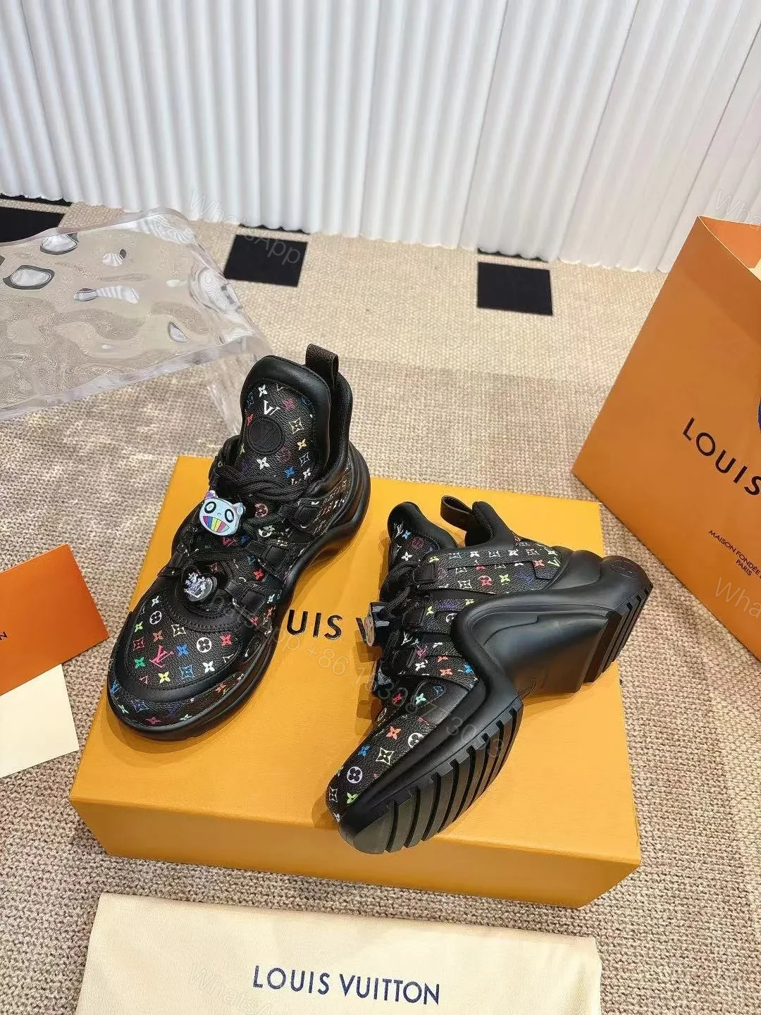View 5 of LV Women Black Leather Multicolor Logo Sneakers