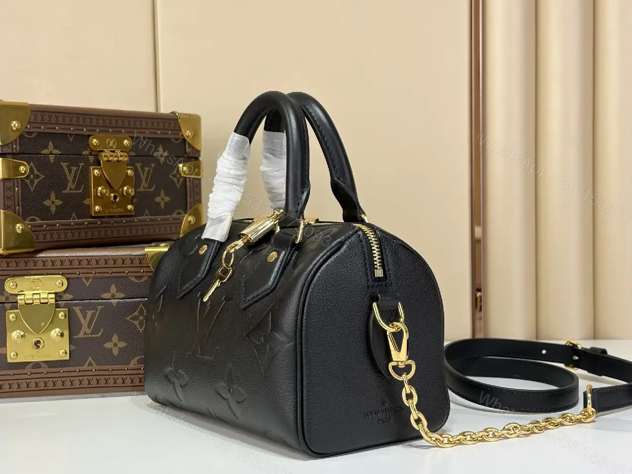View 5 of Black Pebbled Leather Dome Handbag with Gold Details