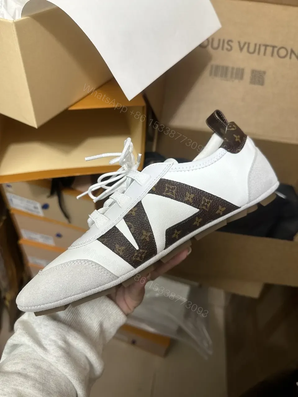 View 3 of White & Brown LV-Inspired Accent Runner Sneakers
