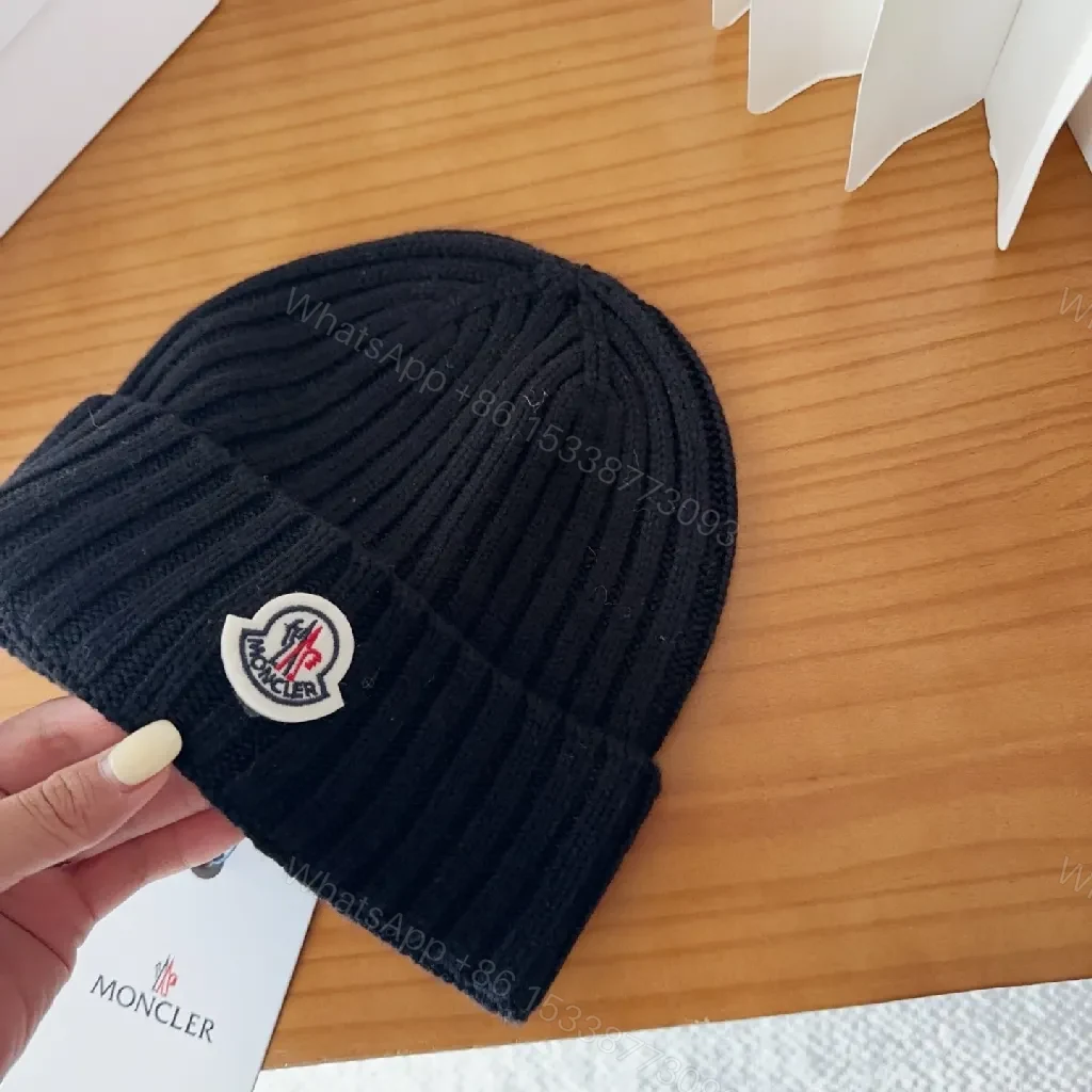View 8 of Compact Knit Beanie with Moncler Patch - Black, Ribbed Style, Warmth