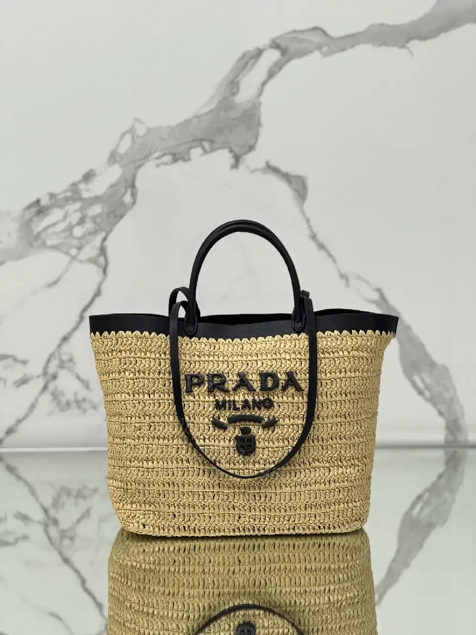 View 3 of Nautical Raffia Tote with Black Leather Trim: Everyday Luxury