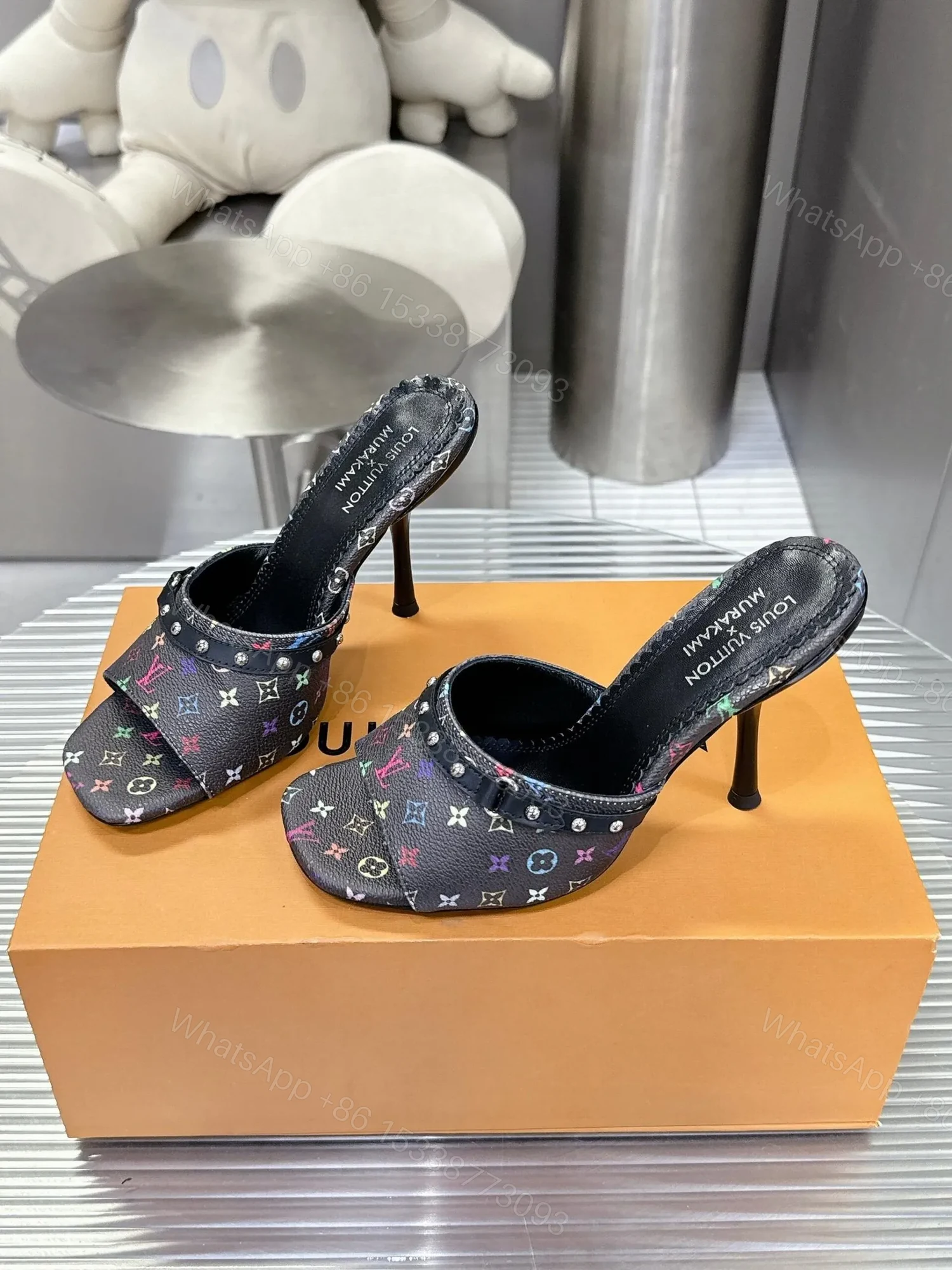 View 5 of LV Women Black Leather Multicolor Logo Mules