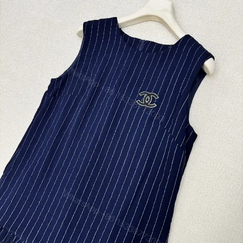 View 10 of Navy Pinstripe Cotton A-Line Dress with Chanel Logo Key Feature