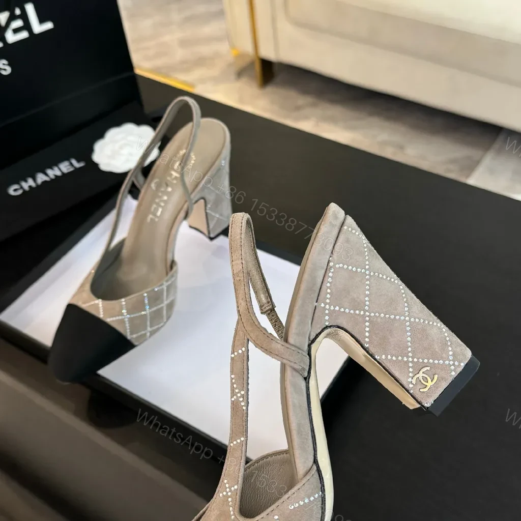 View 6 of Taupe Grid Textured Slingbacks with Black Cap Toe - Elegant Heels