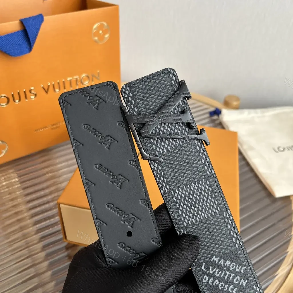 View 3 of Gray Textured LV Belt with Woven Monogram Pattern, Wide Style