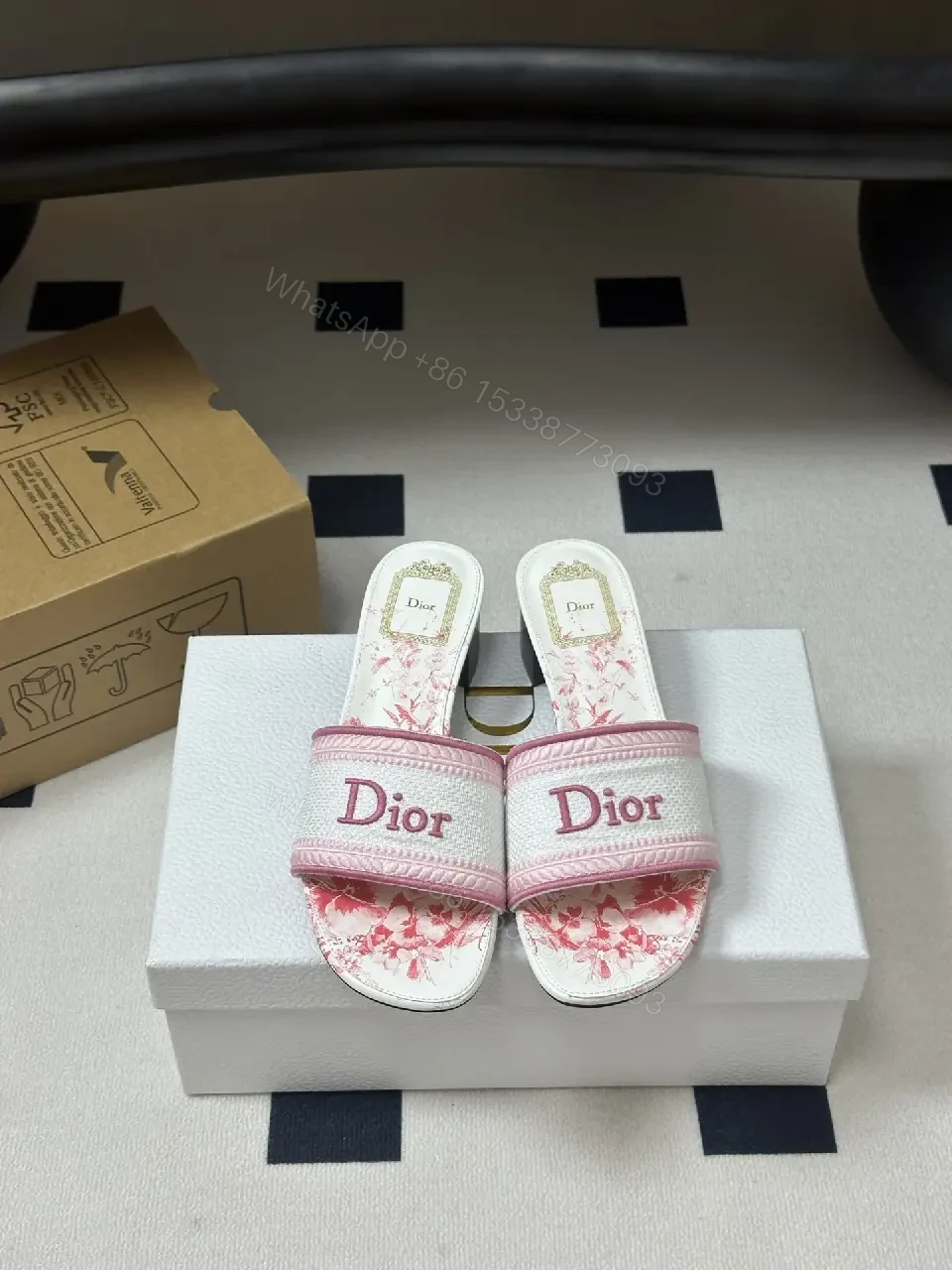View 6 of pink and white monogram-patterned slide sandals with block heel for everyday luxury