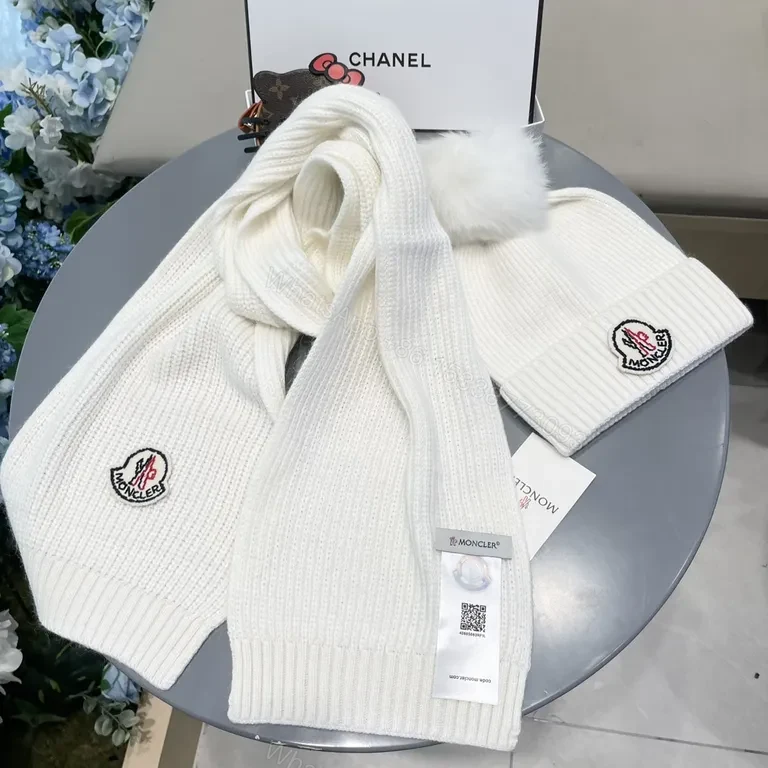 View 5 of Cozy Luxe Knit Set: White Beanie & Scarf with Moncler Patch