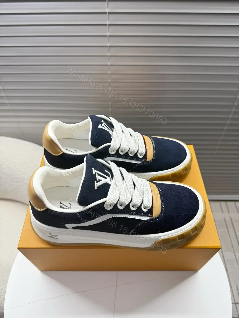 View 2 of Navy Suede Luxe Sneaker: Cream Accents, Gum Sole, High-Top