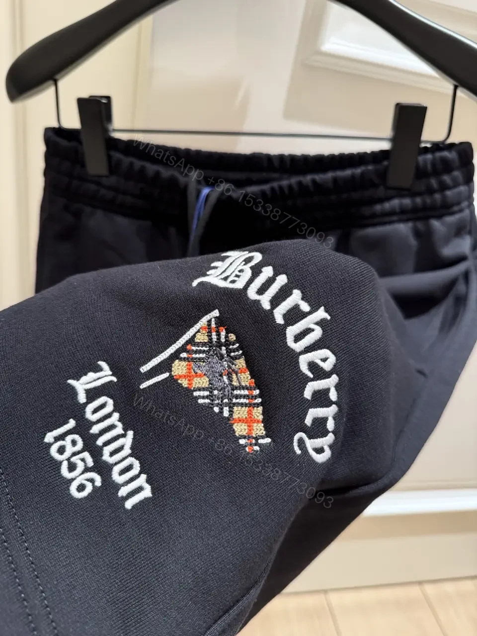 View 2 of Black Nylon Sweatshorts Drawstring Burberry Style Logo Embroidery Shorts