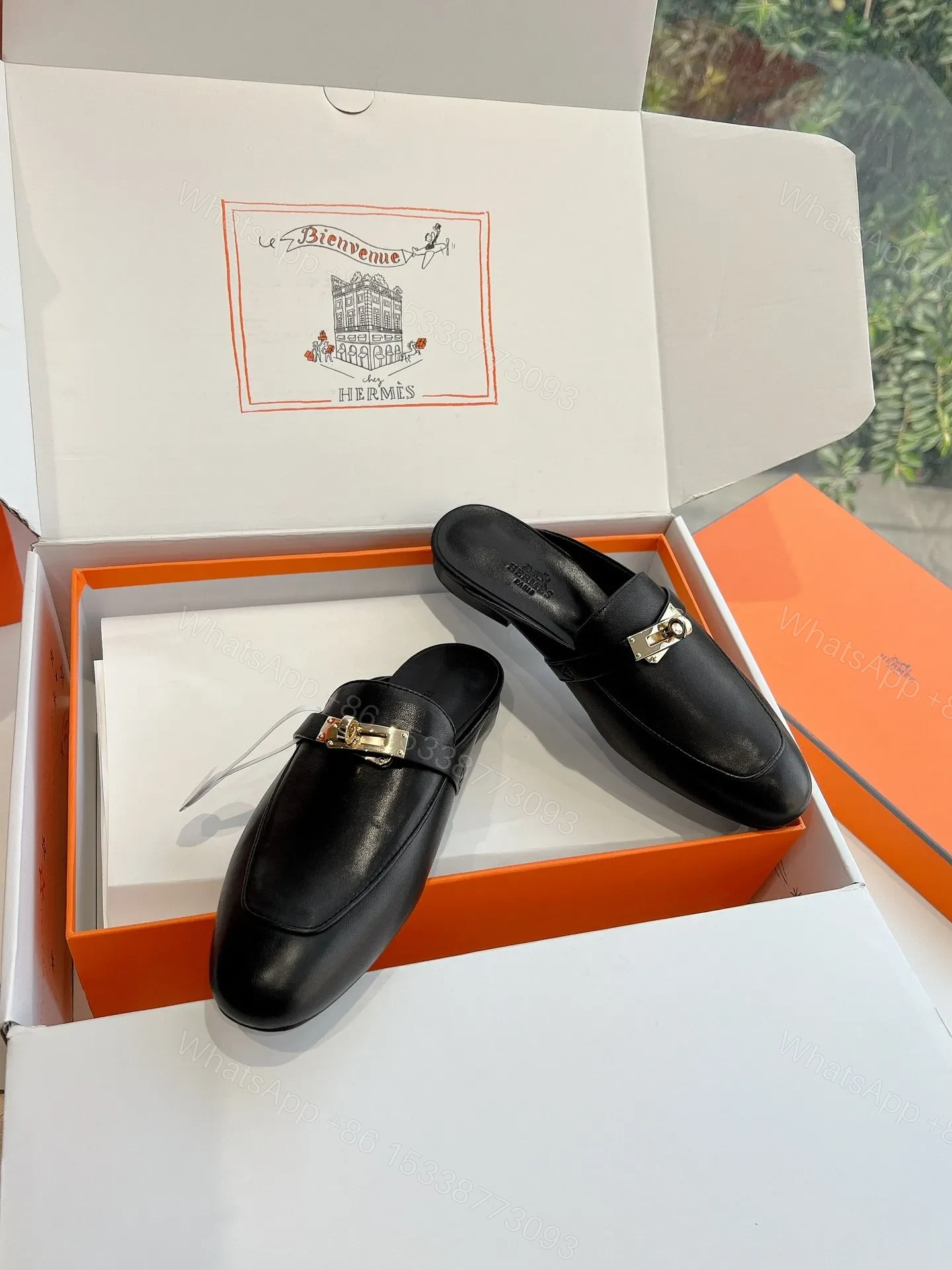 View 5 of Hermes Women Black Leather Mules