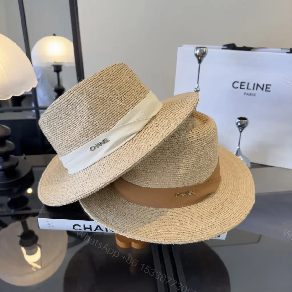 View 7 of Light Beige Straw Fedora-Boater Hat with Ribbon CHANEL Logo