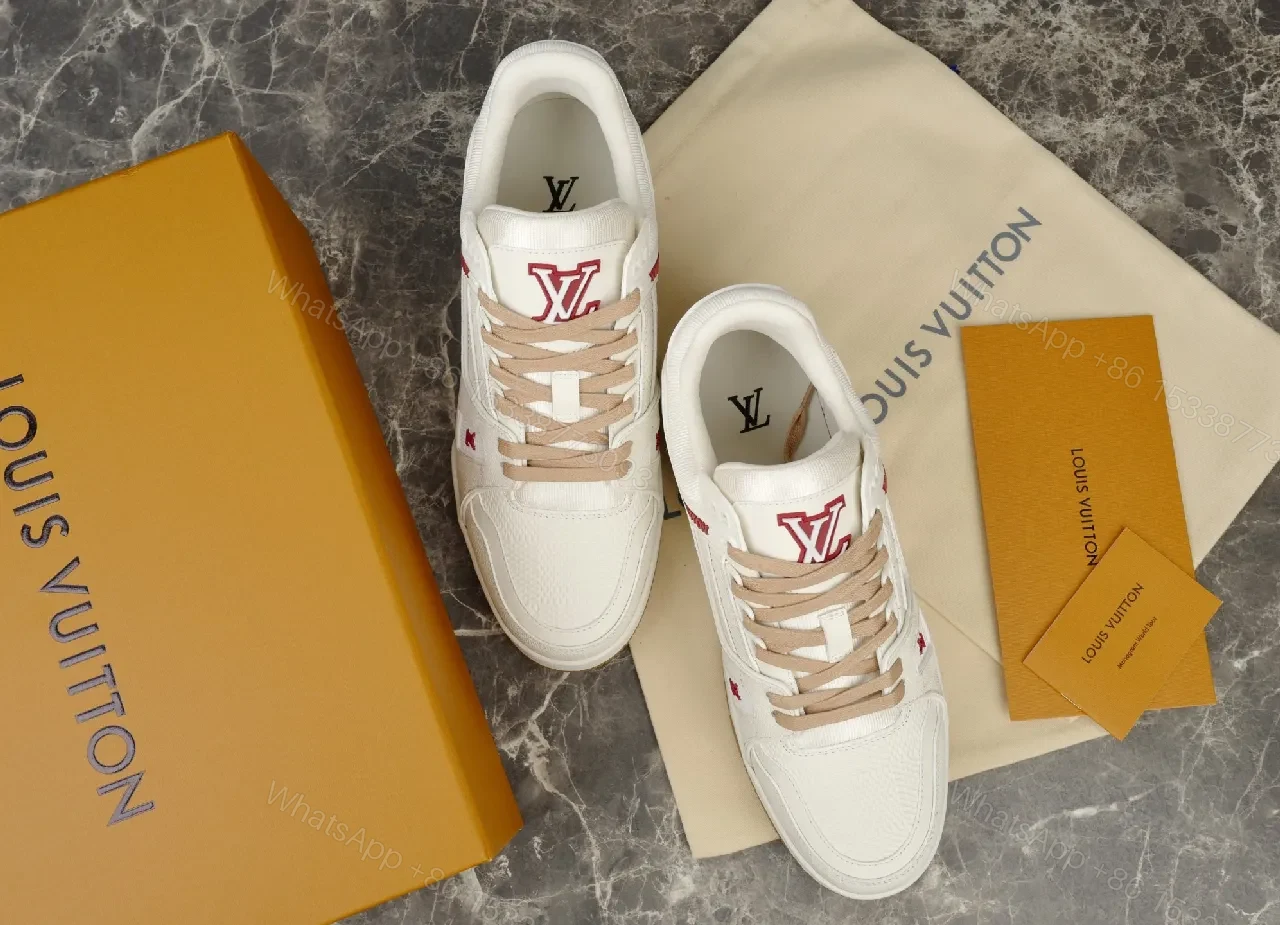 View 6 of Premium White Trail Runner – Beige Accents, Leather-Synthetic, Low-Profile, Discreet LV Details, Men’s Sneakers