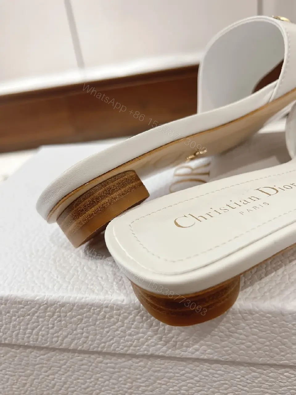 View 8 of White Leather Slide Sandals Gold Heart Buckle Dior Style Comfortable Sandals