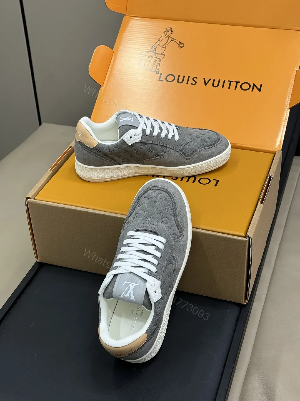 Grey Suede Knit Sneakers - Subtle LV Texture, Cushioned Comfort — view 1