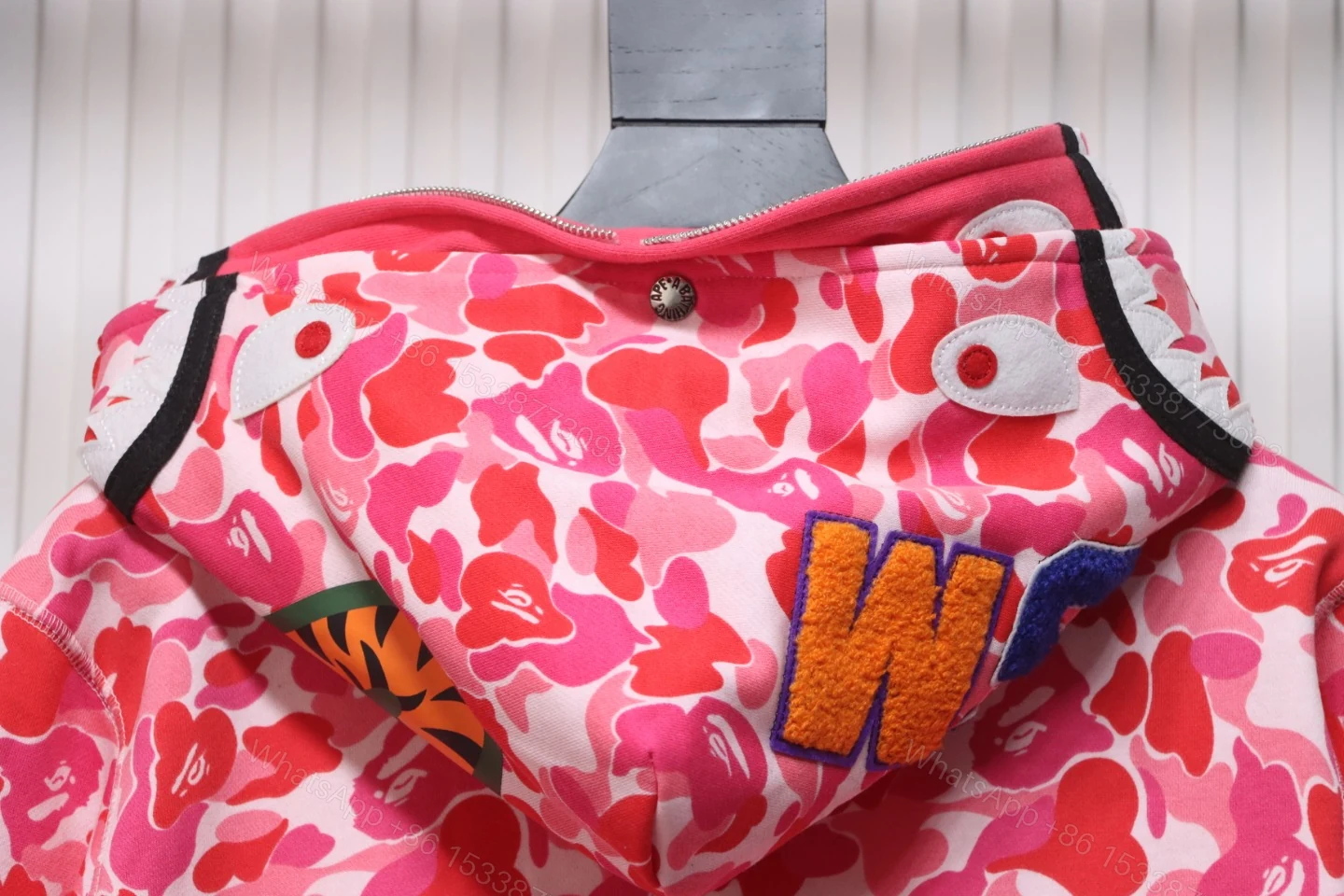 View 5 of BAPE Shark's Head Tiger Zipper Camo Double Hoodie Pink