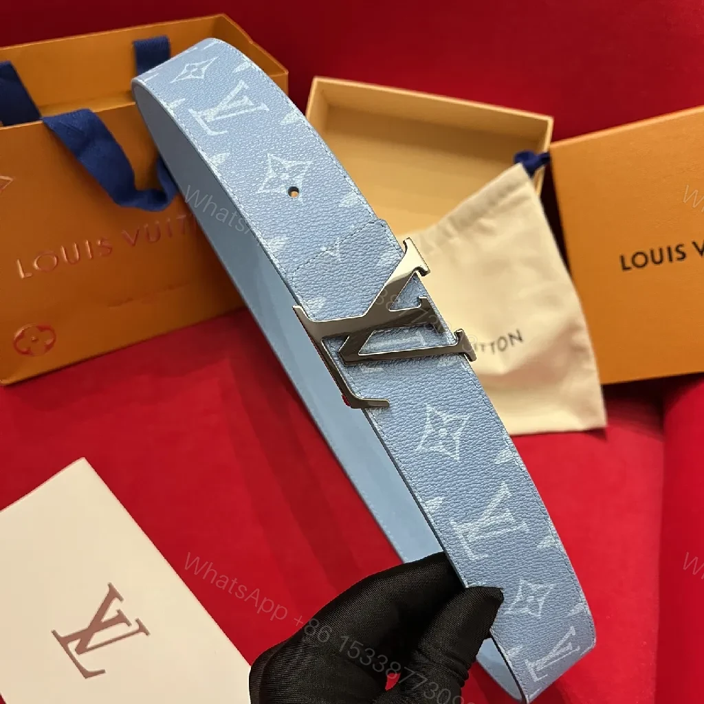 View 7 of Light-Blue Pebbled Leather Belt with Monogram Detail