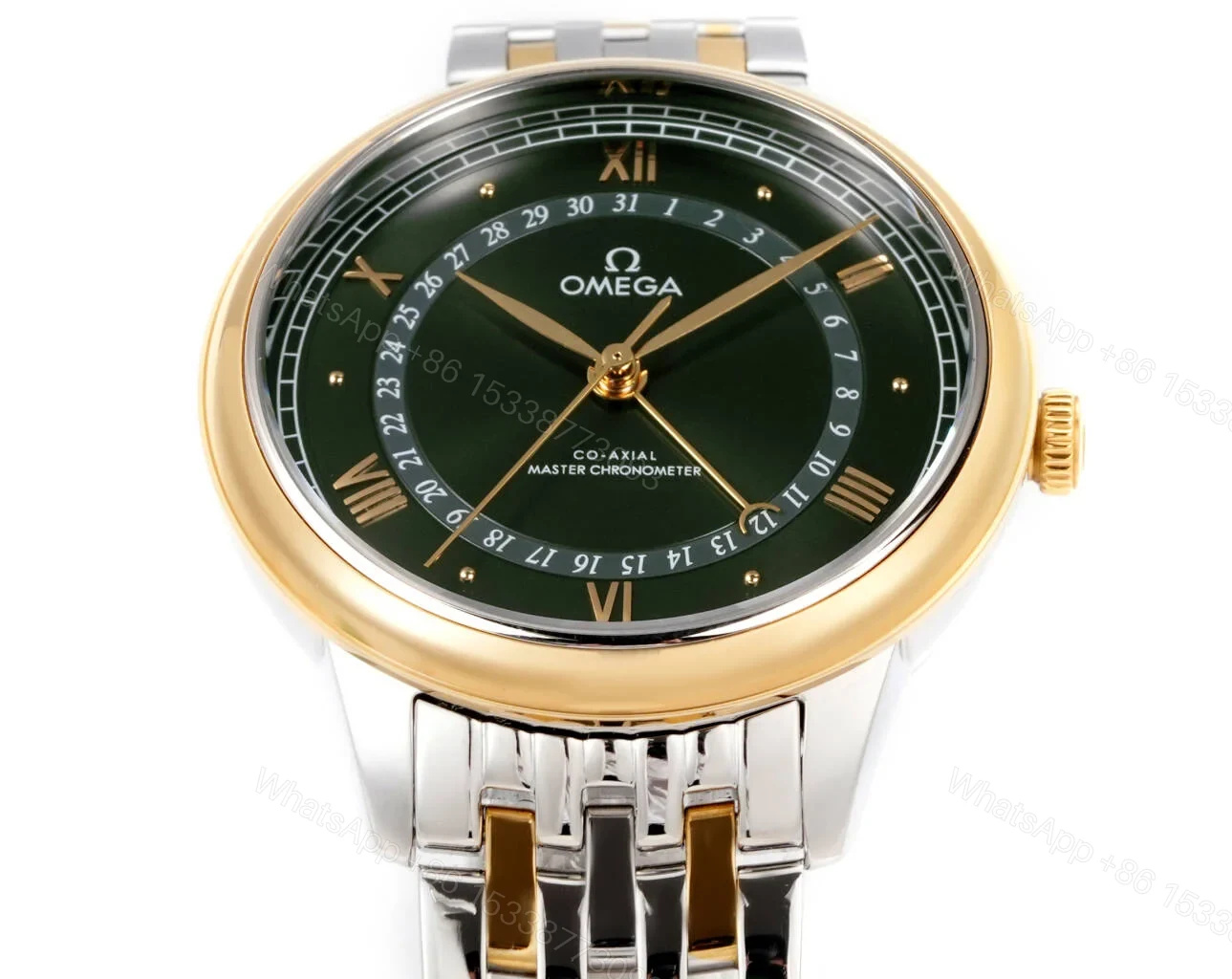 View 3 of Omega De Ville Prestige Co-Axial Master Chronometer Pointer Date 42 Stainless Steel Yellow Gold Green Sunburst Bracelet 434.20.42.22.10.001