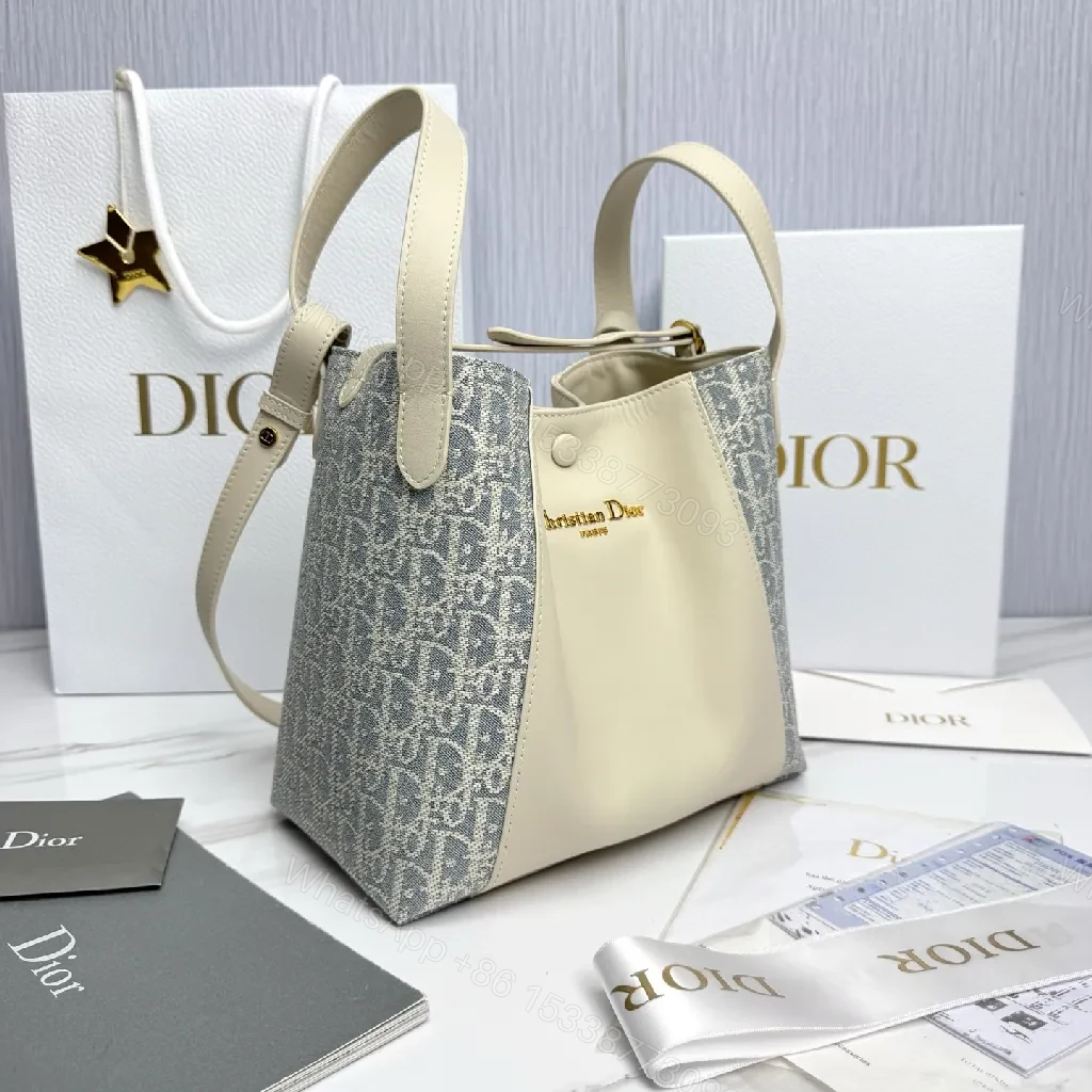 View 8 of Cream Leather & Denim-Inspired Bucket Bag, Structured Luxury