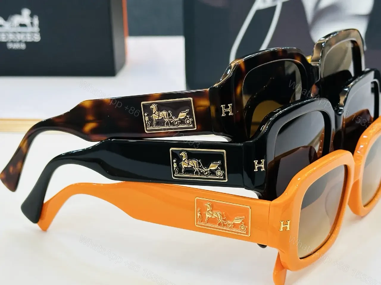View 3 of Black Acetate Oversized Sunglasses – Square Lenses, Gold Emblem & Plaque Style