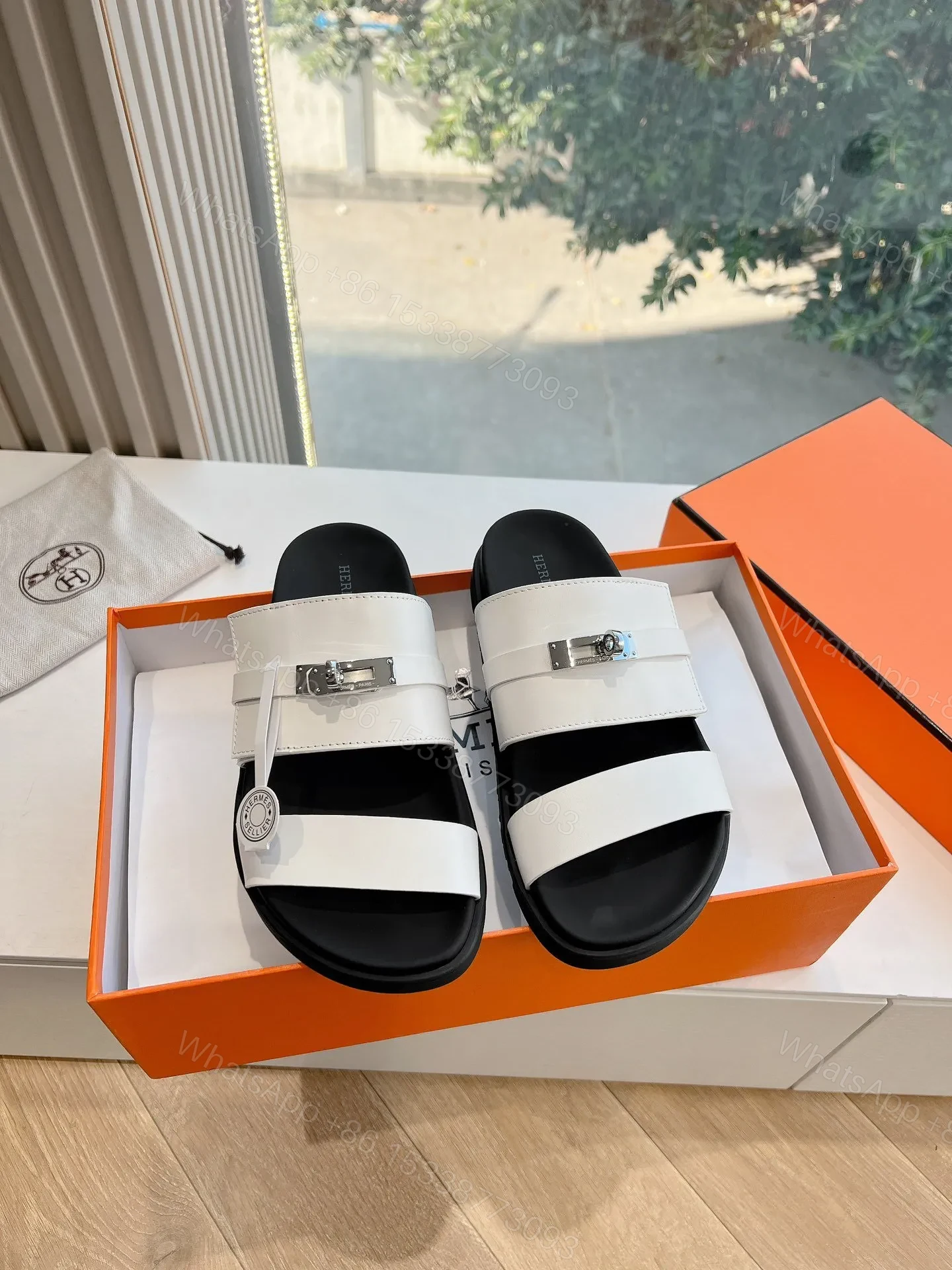 Hermes Women White Leather Straps Flat Sandals — view 1