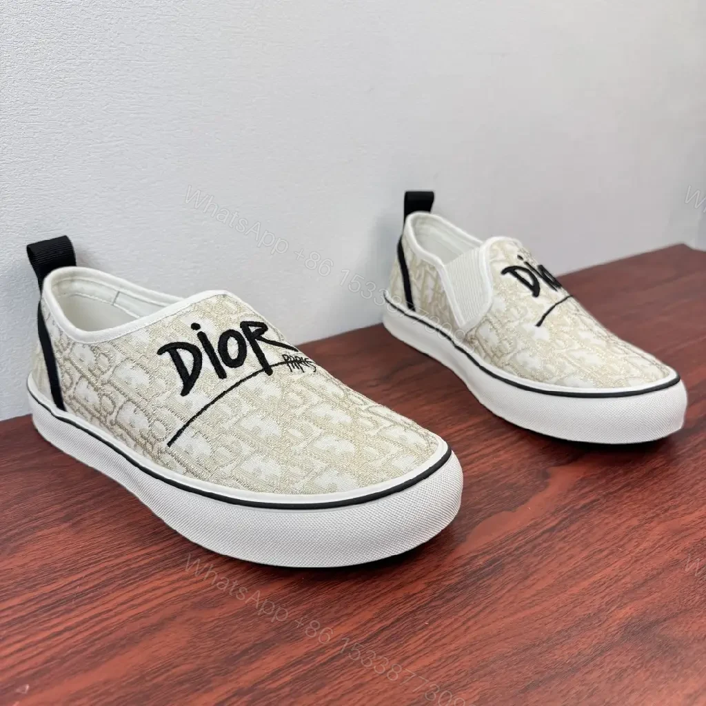 View 2 of Beige Canvas Slip-On Sneakers with Logo