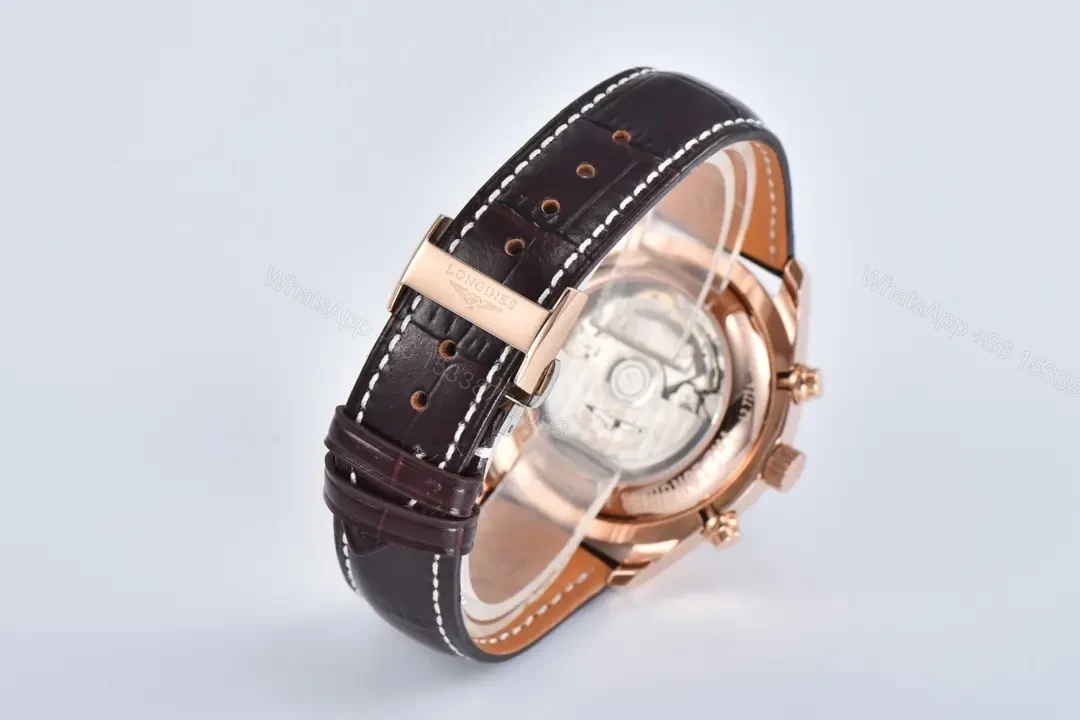 View 6 of Longines Master Collection Moonphase Chronograph Watch Rose Gold with White Dial and Brown Leather Strap