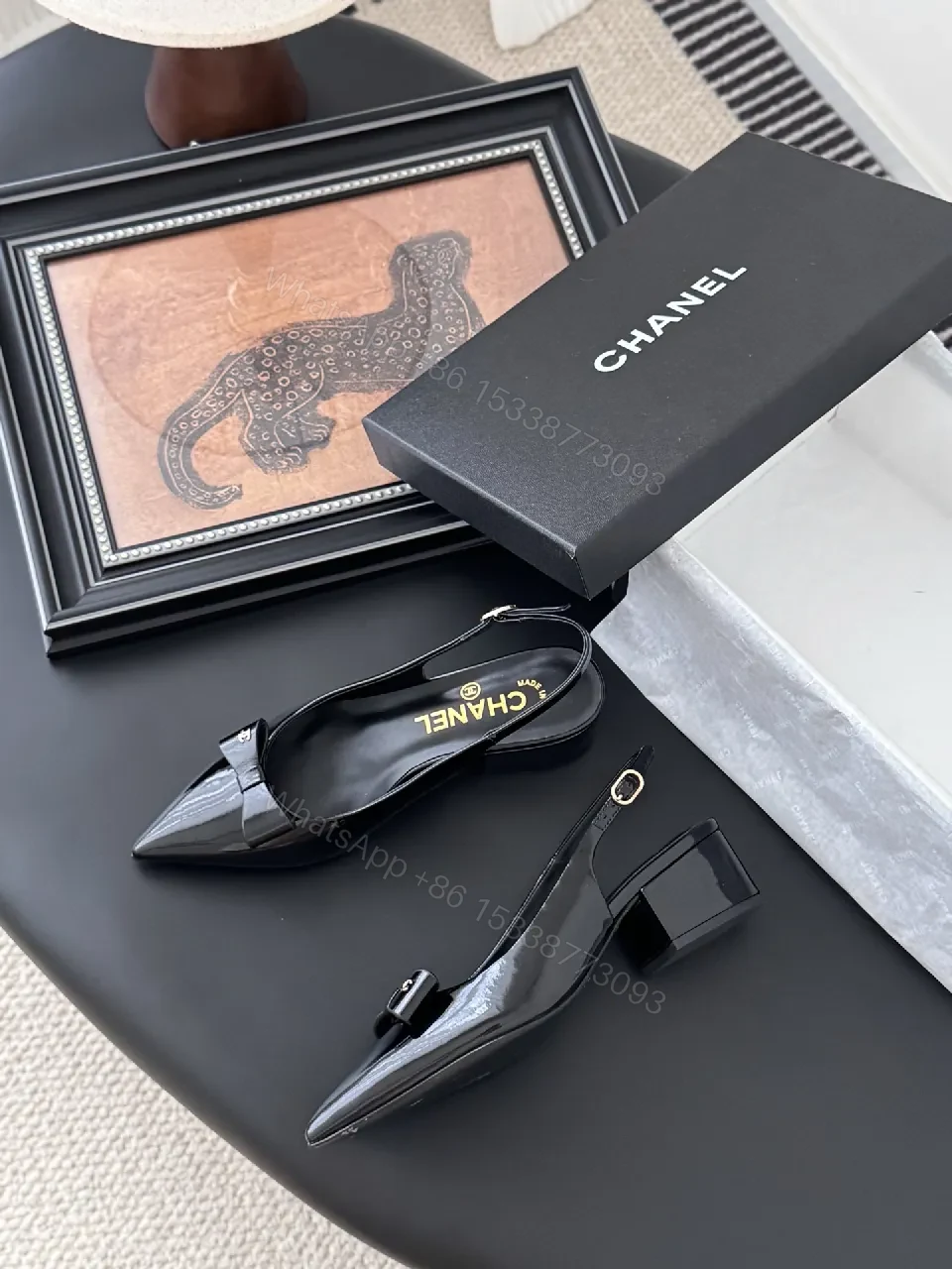 View 3 of Black Patent Slingbacks with Bow Detail - Low Block Heel, Pointed Toe, Slingback Strap