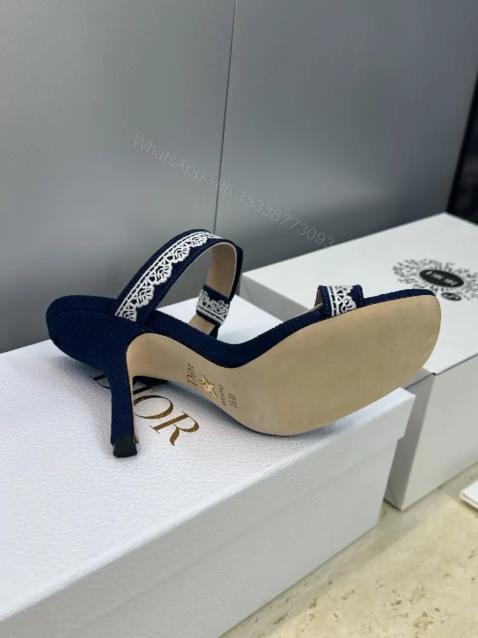 View 6 of Navy Satin Lace-Trim Heeled Sandals - Open-Toe Stiletto