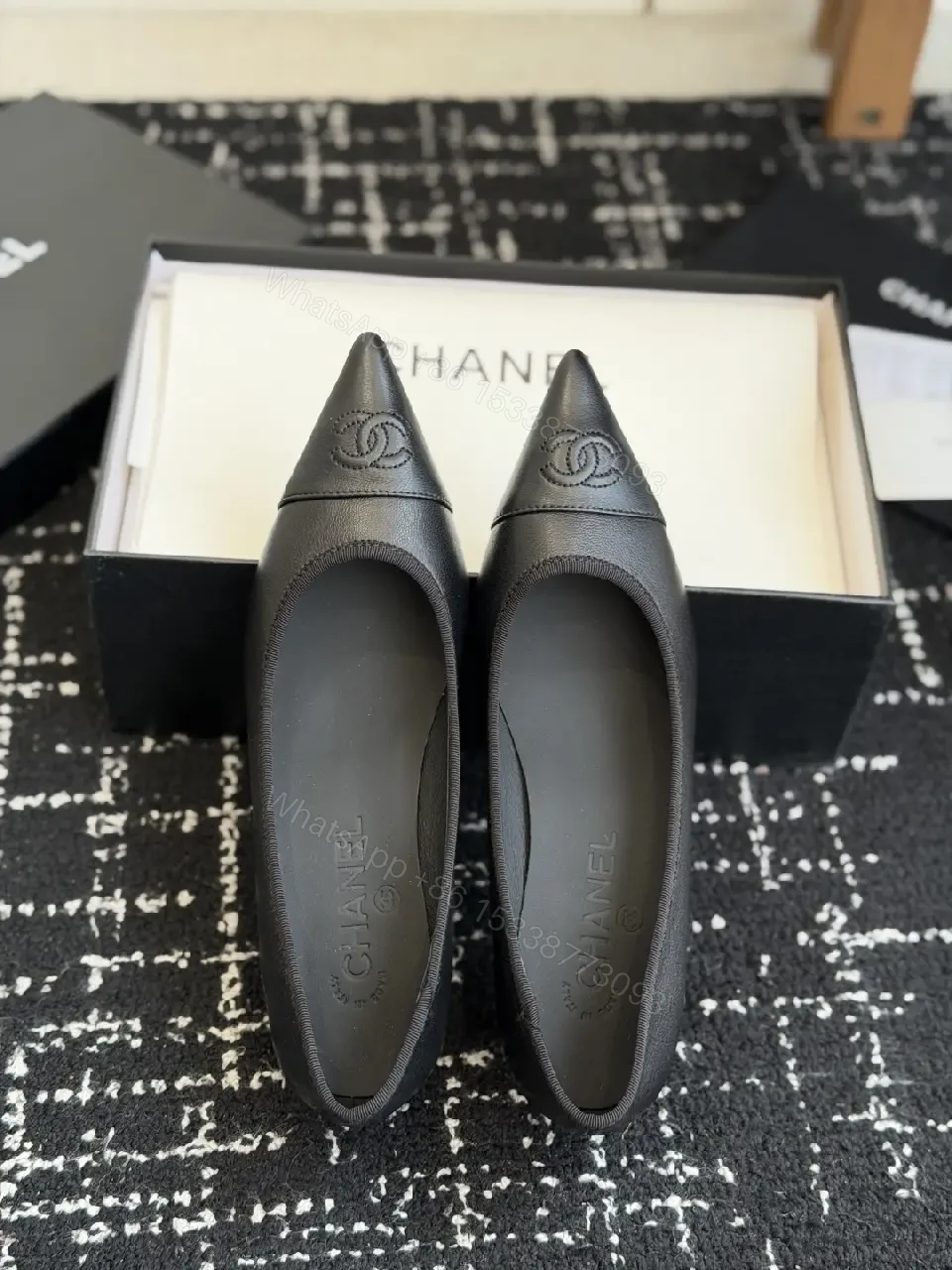 View 7 of Black Leather Pointed-Toe Pumps Chanel Logo Pumps