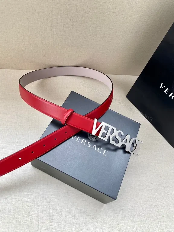 View 5 of Bold Red & Pink Versace Belt with Gold Logo Buckle
