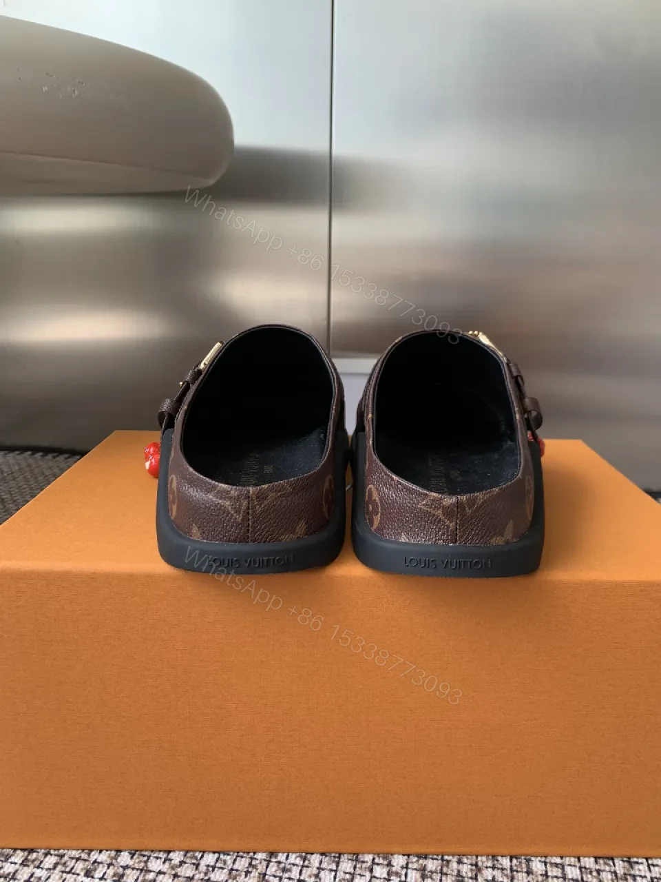 View 6 of Brown Monogram-Canvas Loafers with Gold Hardware, Slip-On Comfort