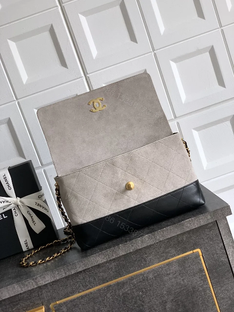 View 5 of Two-Tone Quilted Flap Bag: Gold Hardware Luxury Handbag