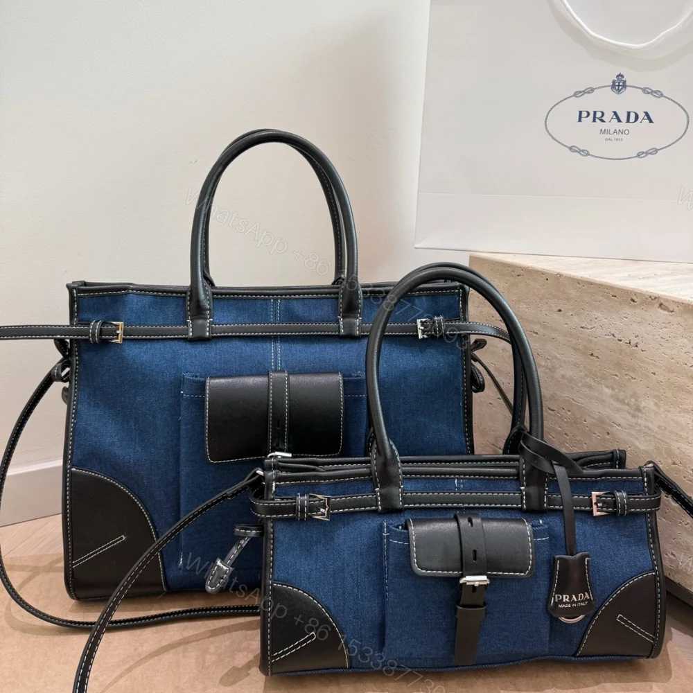 View 7 of Prada Bonnie Large Denim Handbag Blue Black 38cm