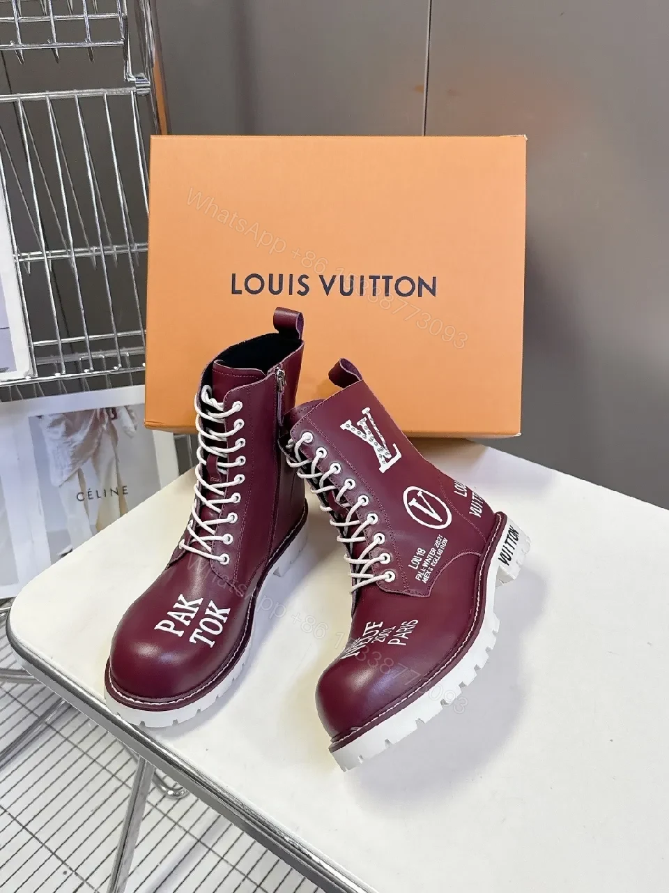 View 2 of Bold Burgundy Combat Boots with Contrast Stitching and Zipper