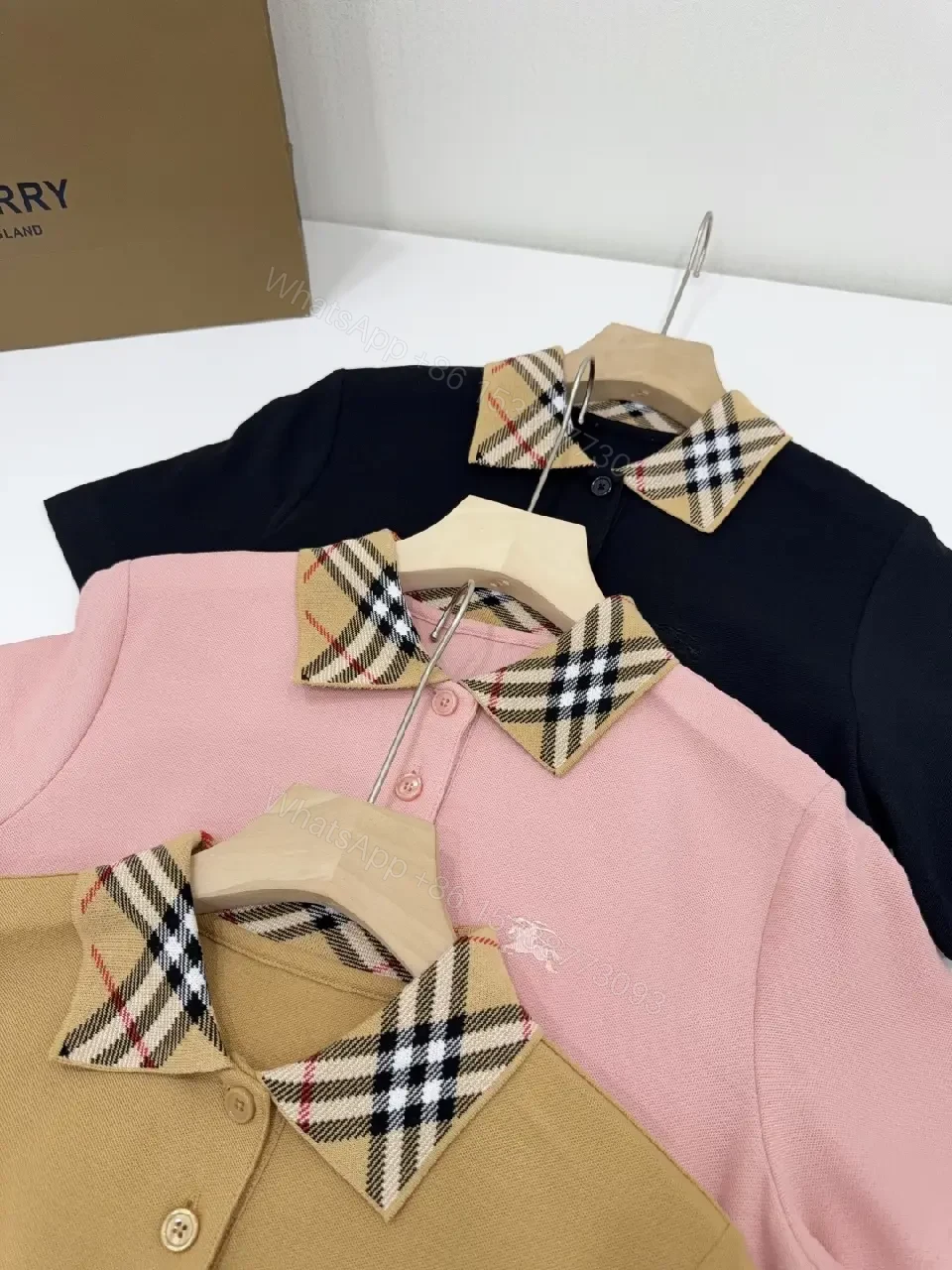 View 2 of Mustard Cotton Polo with Burberry-Style Plaid Collar
