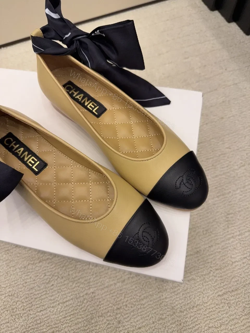 View 2 of Two-Tone Ballet Flats with Gold Ankle Strap - Luxe Comfort Flat