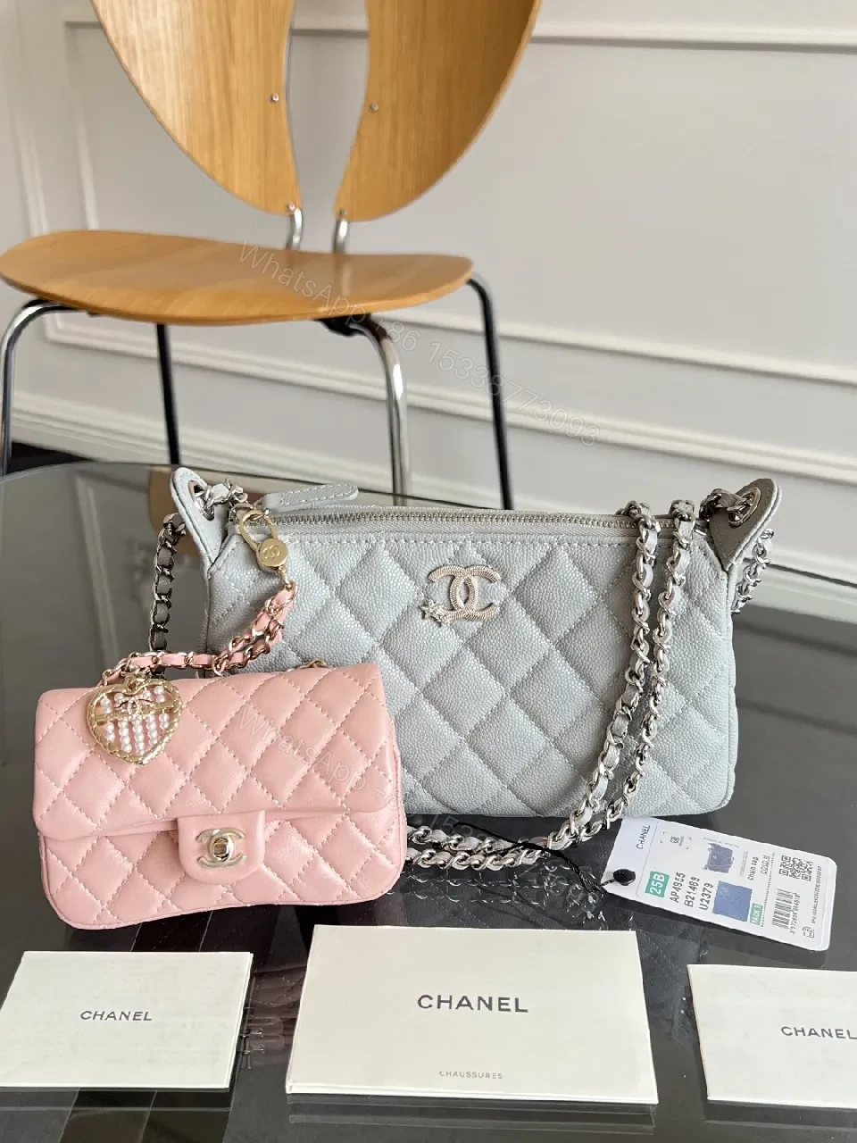 Quilted Grey & Pink Mini Bag Set: Double-C Hardware, Chain Strap — view 1