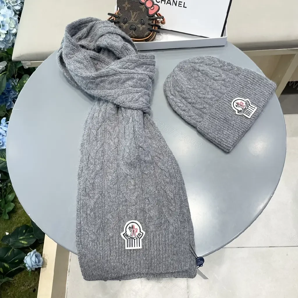 View 6 of Gray Cable-Knit Scarf & Beanie Set — Luxe Warmth, Subtle Moncler-Inspired Detail