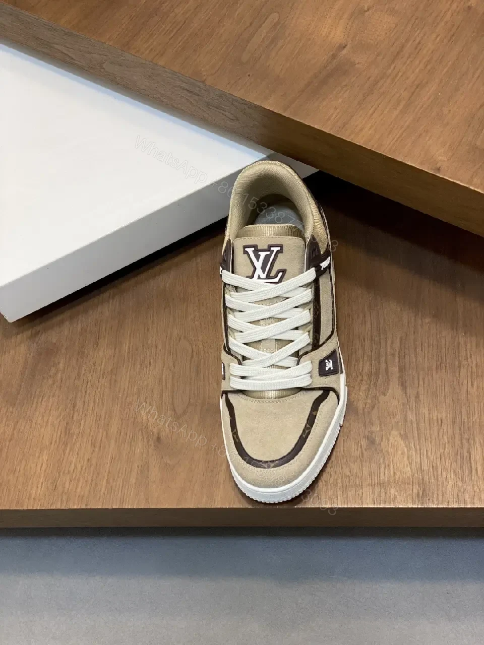 View 5 of Beige Canvas Louis Vuitton-Style Sneaker with Iconic Accents
