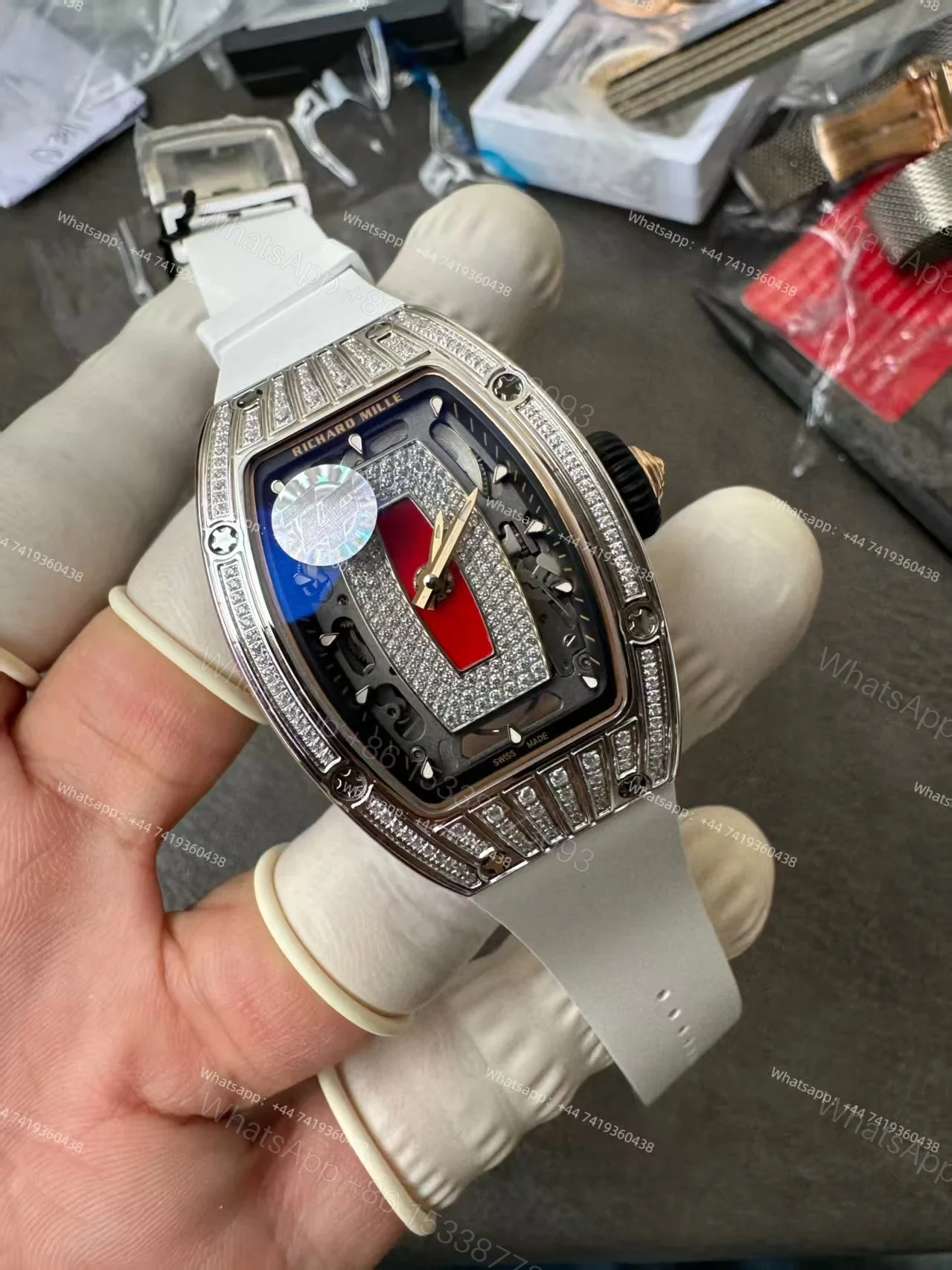 View 5 of Super Clone Richard Mille RM 07 Full Diamond 1:1 Replica Watch with White Rubber Strap