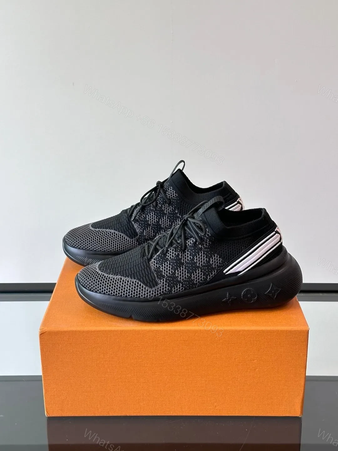 View 3 of LV Men Black Knit Fabric Sneakers