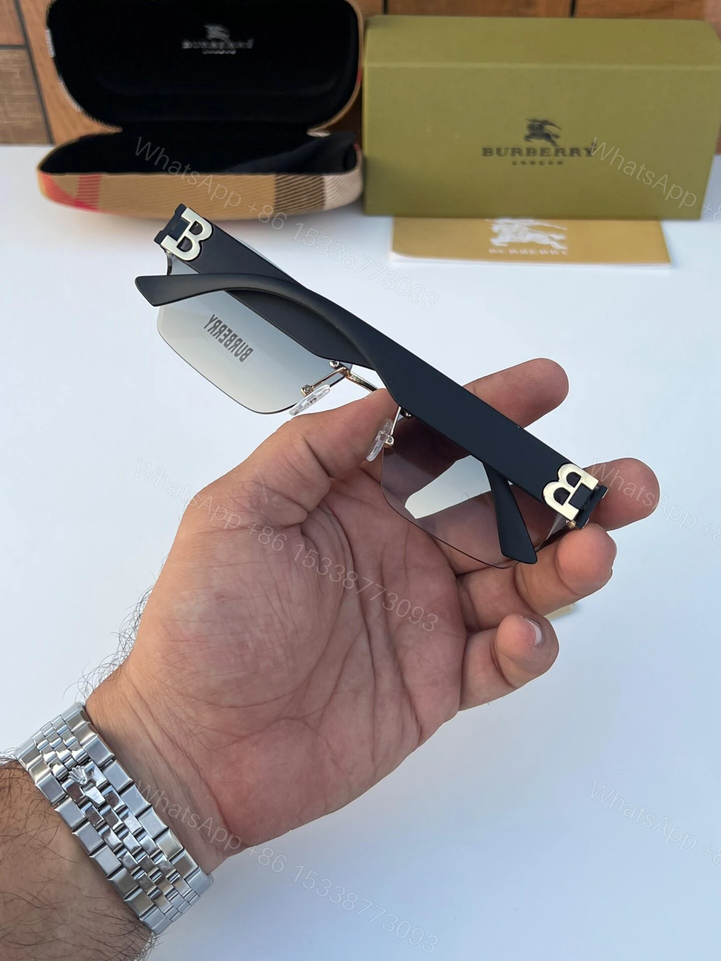 View 4 of Burberry Rimless Sunglasses Black-Grey