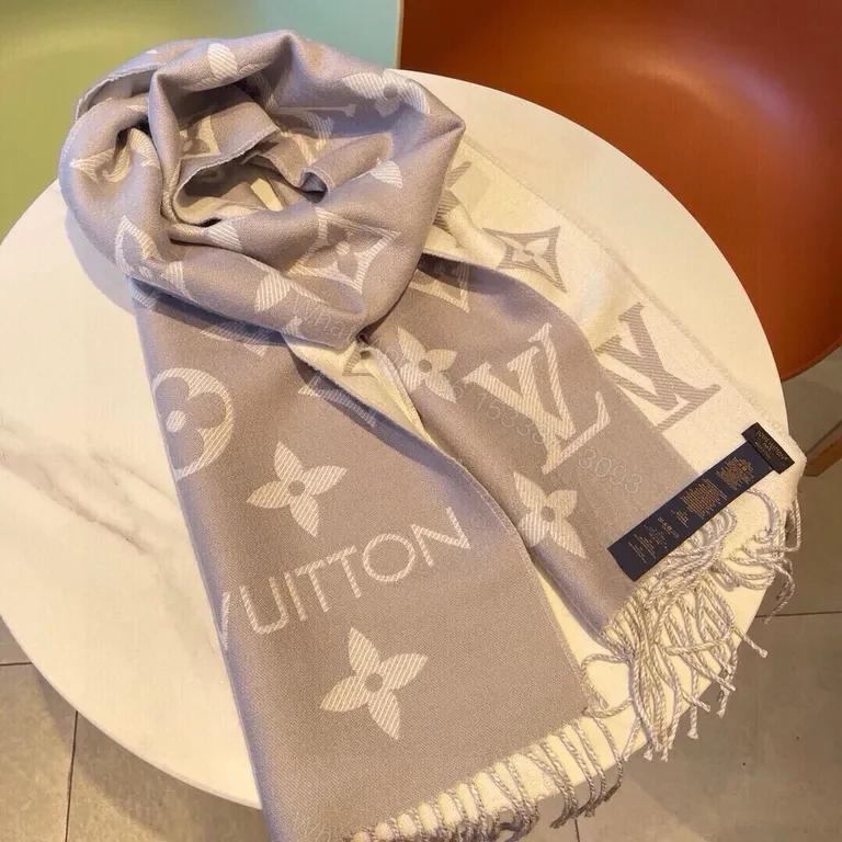 View 3 of Taupe Wool Luxury Scarf: Monogram Fringe Luxury Accessory