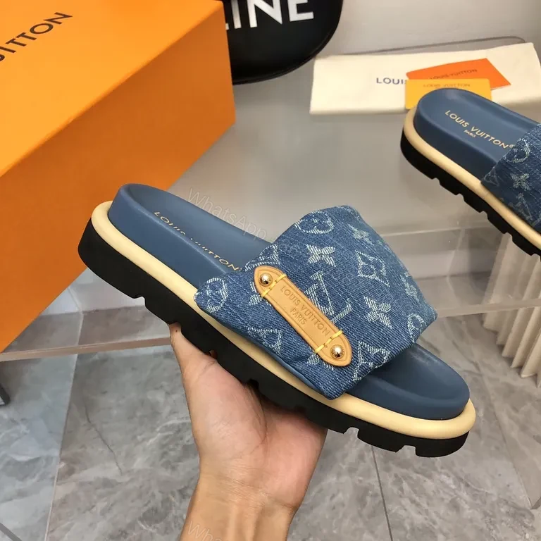 View 6 of Denim Monogram Slides: Luxe Comfort for Summer Style