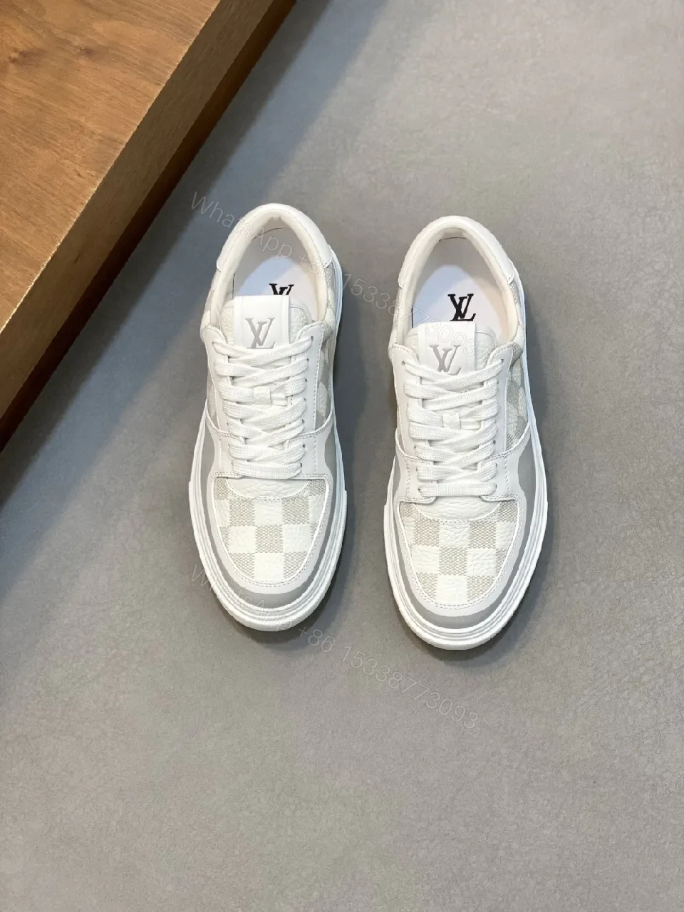 View 4 of White Checkerboard Leather High-Tops with Subtle LV-Style Accents