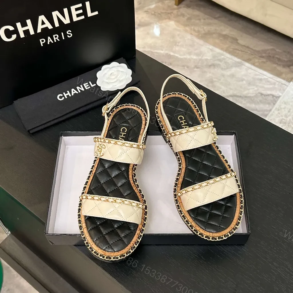 View 3 of Quilted Sandal with Chain Trim – Luxury Two-Tone Style