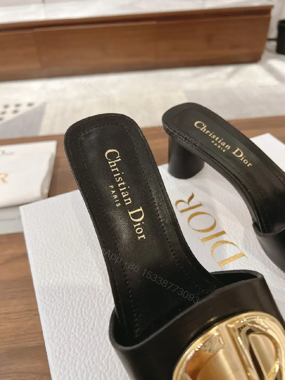 View 4 of Black Leather Sandals with Gold Logo Buckle, Dior Style, Slide Sandals