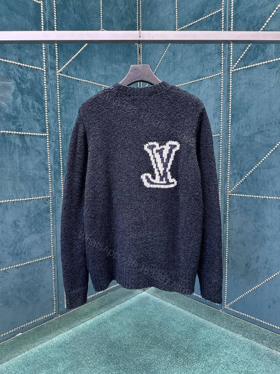 View 4 of Textured Knit Crewneck with Subtle LV Emblem, Navy, Mid-Weight Luxury